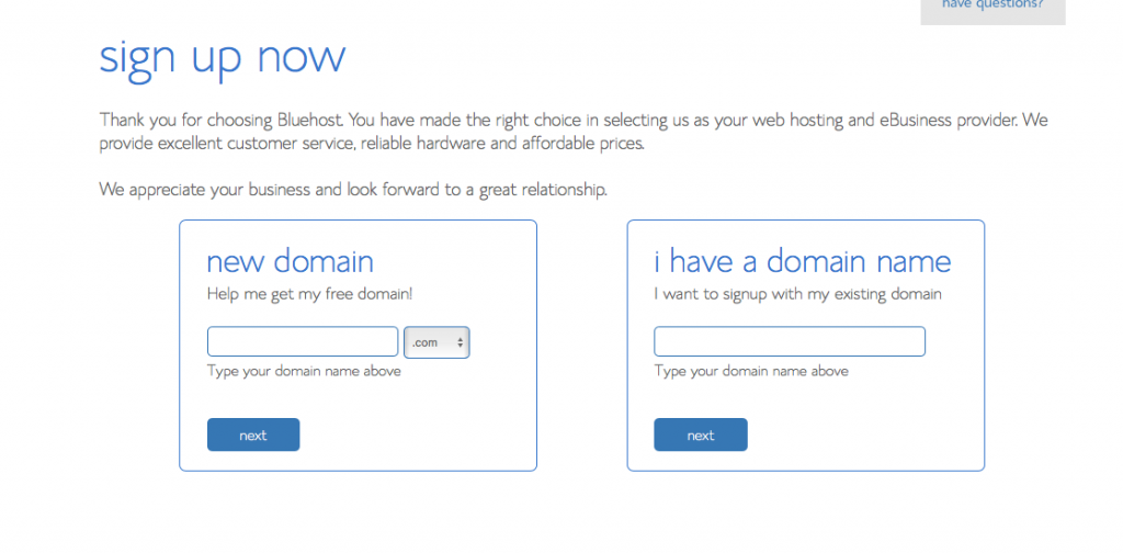 account bluehost sign up screenshot